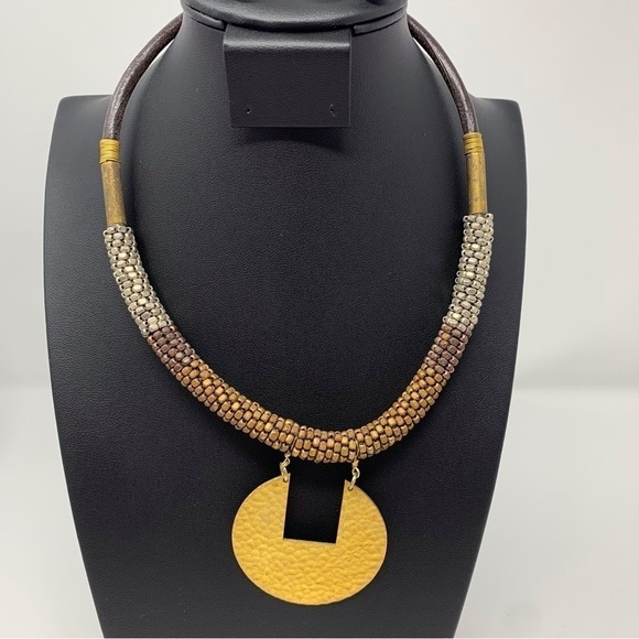 Nakamol Boho Gypsy Gold Beaded Collar Necklace With Gold Toned Medallion - Picture 1 of 13